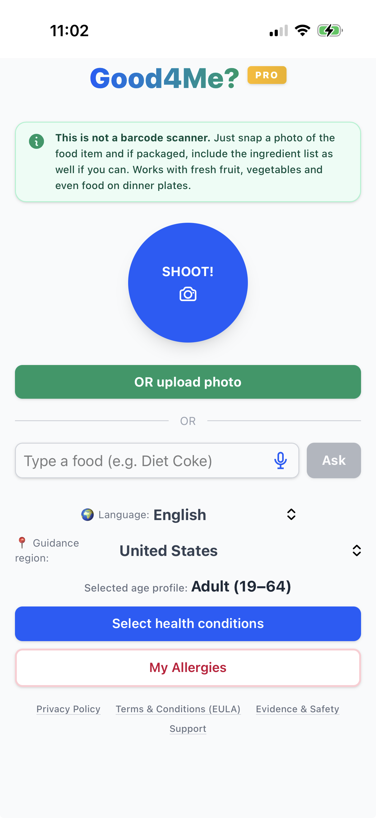 Current Good4Me? PRO home screen with the SHOOT photo button, upload option and food text field