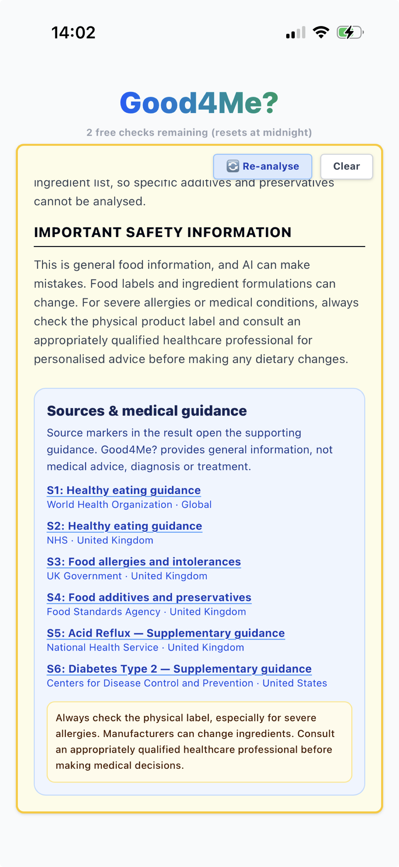 Good4Me? analysis showing important safety information and supporting sources